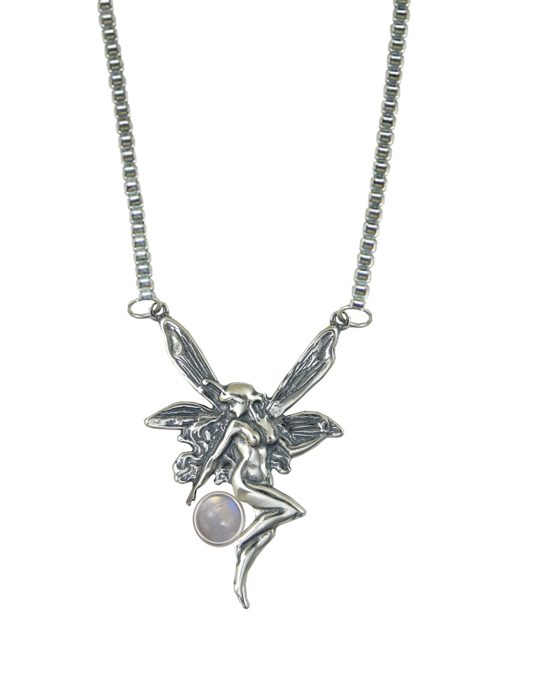 Sterling Silver Victorian Winged Fairy Necklace With Rainbow Moonstone